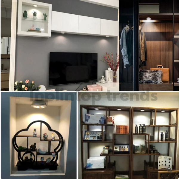 Fotos de las luces Led en algunos lugares del hogar como salón, armario, estanterias